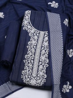 MEENA BAZAAR - Embroidered Cotton Blue Unstitched Kurta & Pant with Dupatta