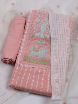 MEENA BAZAAR - Embroidered Cotton Peach Unstitched Kurta & Pant with Dupatta