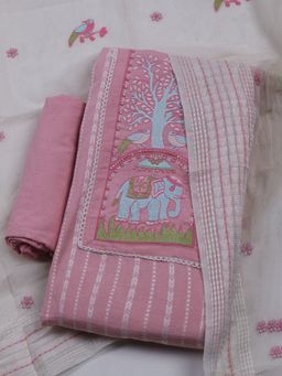 MEENA BAZAAR - Pink Embroidered Cotton Unstitched Kurta & Pant with Dupatta