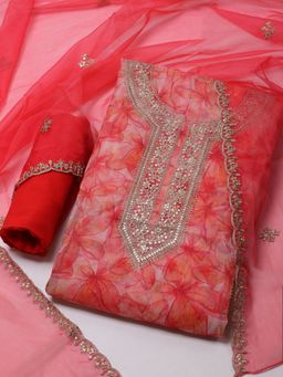 MEENA BAZAAR - Embroidered Peach Unstitched Kurta & Pant with Dupatta