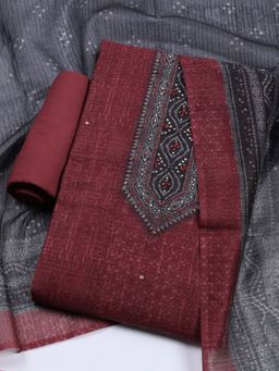 MEENA BAZAAR - Printed Brown Chanderi Unstitched Kurta & Pant with Dupatta