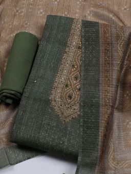 MEENA BAZAAR - Printed Green Chanderi Unstitched Kurta & Pant with Dupatta