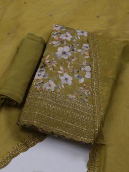 MEENA BAZAAR - Floral Embroidered Green Unstitched Kurta & Pant with Dupatta