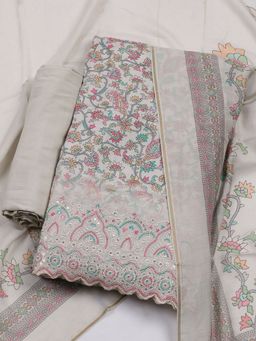 MEENA BAZAAR - Printed Beige Muslin Unstitched Kurta & Pant with Dupatta