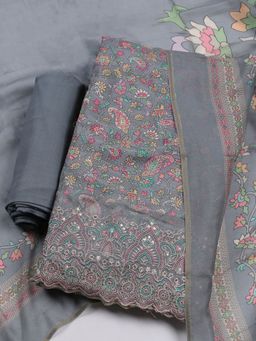 MEENA BAZAAR - Printed Grey Muslin Unstitched Kurta & Pant with Dupatta