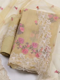 MEENA BAZAAR - Embroidered Mustard Organza Unstitched Kurta & Pant with Dupatta