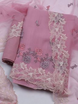 MEENA BAZAAR - Embroidered Pink Organza Unstitched Kurta & Pant with Dupatta