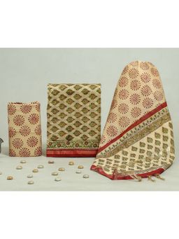 KAHVA - Beige Chanderi Women Unstitched Kurta & Pant with Dupatta