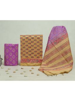 KAHVA - Mustard and Pink Chanderi Unstitched Kurta & Pant with Dupatta