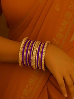 I Jewels - Purple Gold Plated Traditional Velvet and Stone-Studded Bangles for Women