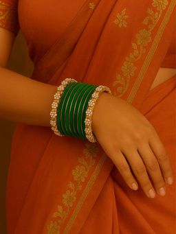 I Jewels - Green Gold Plated Traditional Velvet and Stone-Studded Bangles for Women