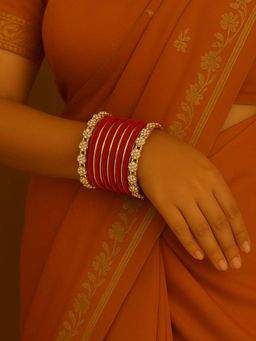 I Jewels - Red Gold Plated Traditional Velvet and Stone-Studded Bangles for Women