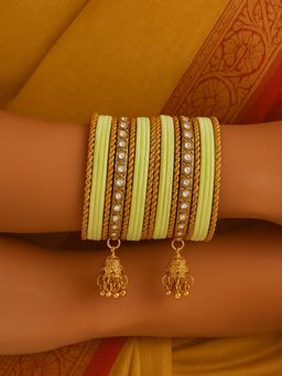 I Jewels - Green Gold Plated Velvet and Stone-Studded Bangles with Jhumka Danglers for Women