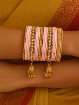 I Jewels - Pink Gold Plated Velvet and Stone-Studded Bangles with Jhumka Danglers for Women