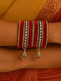 I Jewels - Red Gold Plated Velvet and Stone-Studded Bangles with Jhumka Danglers for Women