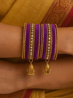 I Jewels - Purple Gold Plated Velvet and Stone-Studded Bangles with Jhumka Danglers for Women