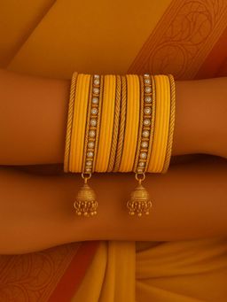 I Jewels - Yellow Gold Plated Velvet and Stone-Studded Bangles with Jhumka Danglers for Women
