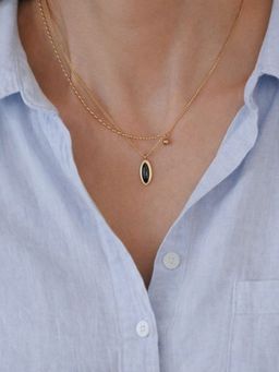 AQUASTREET - Black Gemstone Oval Layered Necklace 18K Gold Plated Waterproof Anti-Tarnish