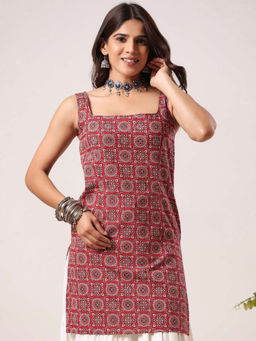 Rimeline - Maroon Cotton Sleeveless Square Neck Floral Kurti