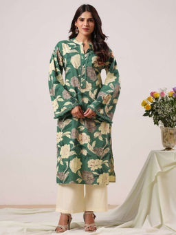 Rimeline - Green Cotton Full Sleeves Mandarin Neck Floral Kurta