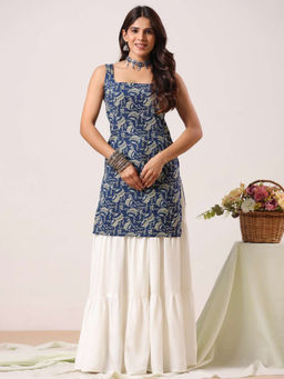 Rimeline - Blue Cotton Sleeveless Square Neck Floral Kurti