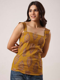 Rimeline - Mustard Cotton Sleeveless Square Neck Floral Kurti