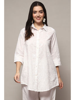 Biba - White Cotton Embroidered Straight Long Shirt