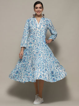 Biba - White and Blue Cotton Printed Tiered Midi Dress