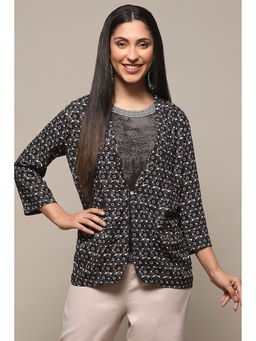 Biba - Charcoal Rayon Printed Straight Blazer with Inner (Set of 2)