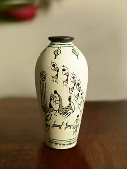 ExclusiveLane - 6 Inch Terracotta Handpainted Warli Round Shaped Vase In White