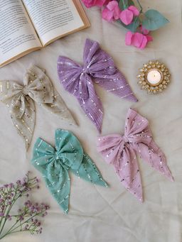 Label Kanupriya - Shimmer Pink, Lilac, Green, Cream Bows (Pack of 4)