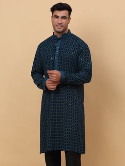 Kraft India - Men Cotton Blue Chikankari Embroidered Sequence Kurta