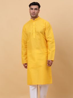 Kraft India - Men Cotton Yellow Chikan Embroidered Kurta