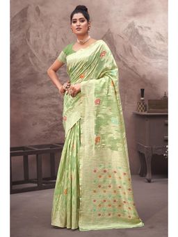 Sangam Prints - Light Green Cotton Silk Woven Zari Work Traditional Saree with Unstitched Blouse