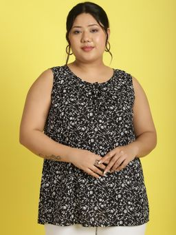 theRebelinme - Plus Size Womens Black Small Floral Printed Tie-Up Neck Top