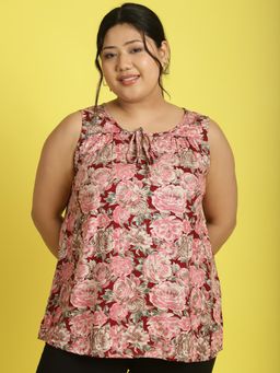 theRebelinme - Plus Size Womens Maroon Rose Floral Printed Tie-Up Neck Top