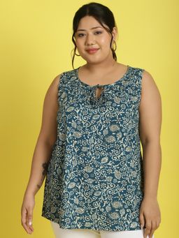 theRebelinme - Plus Size Womens Teal Floral Batik Printed Tie-Up Neck Top