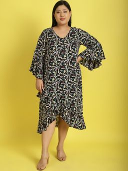theRebelinme - Plus Size Womens Black Abstract Printed A-Line Midi Dress
