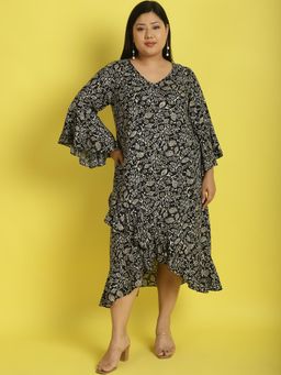 theRebelinme - Plus Size Womens Black Floral Batik Printed A-Line Midi Dress