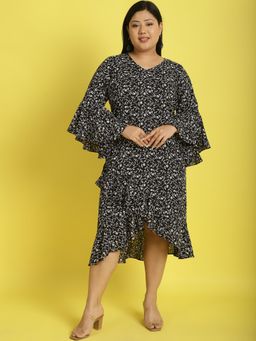 theRebelinme - Plus Size Womens Black Small Floral Printed A-Line Midi Dress