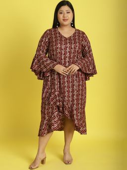 theRebelinme - Plus Size Womens Maroon Gold Floral Printed A-Line Midi Dress
