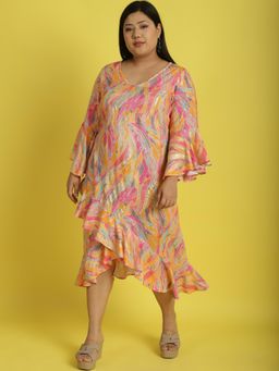 theRebelinme - Plus Size Womens Pink Gold Foil Printed A-Line Midi Dress