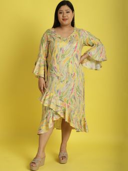 theRebelinme - Plus Size Womens Yellow Gold Foil Printed A-Line Midi Dress