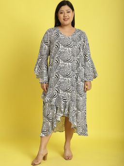 theRebelinme - Plus Size Womens Black & White Zebra Printed A-Line Midi Dress