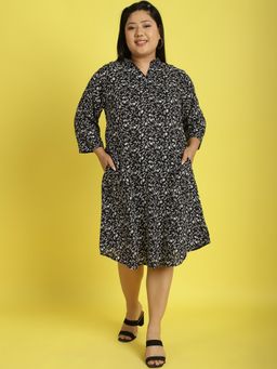 theRebelinme - Plus Size Womens Black Small Floral Printed Shirt Knee Length Dress