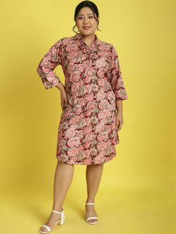 theRebelinme - Plus Size Womens Maroon Rose Floral Printed Shirt Knee Length Dress