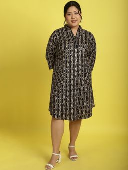 theRebelinme - Plus Size Womens Navy Gold Floral Printed Shirt Knee Length Dress