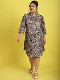 theRebelinme - Plus Size Womens Navy Rose Floral Printed Shirt Knee Length Dress