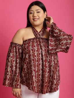 theRebelinme - Plus Size Womens Maroon Gold Floral Printed Halter Neck Top