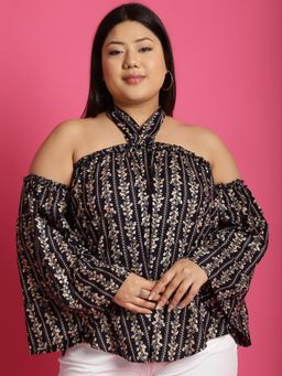 theRebelinme - Plus Size Womens Navy Gold Floral Printed Halter Neck Top